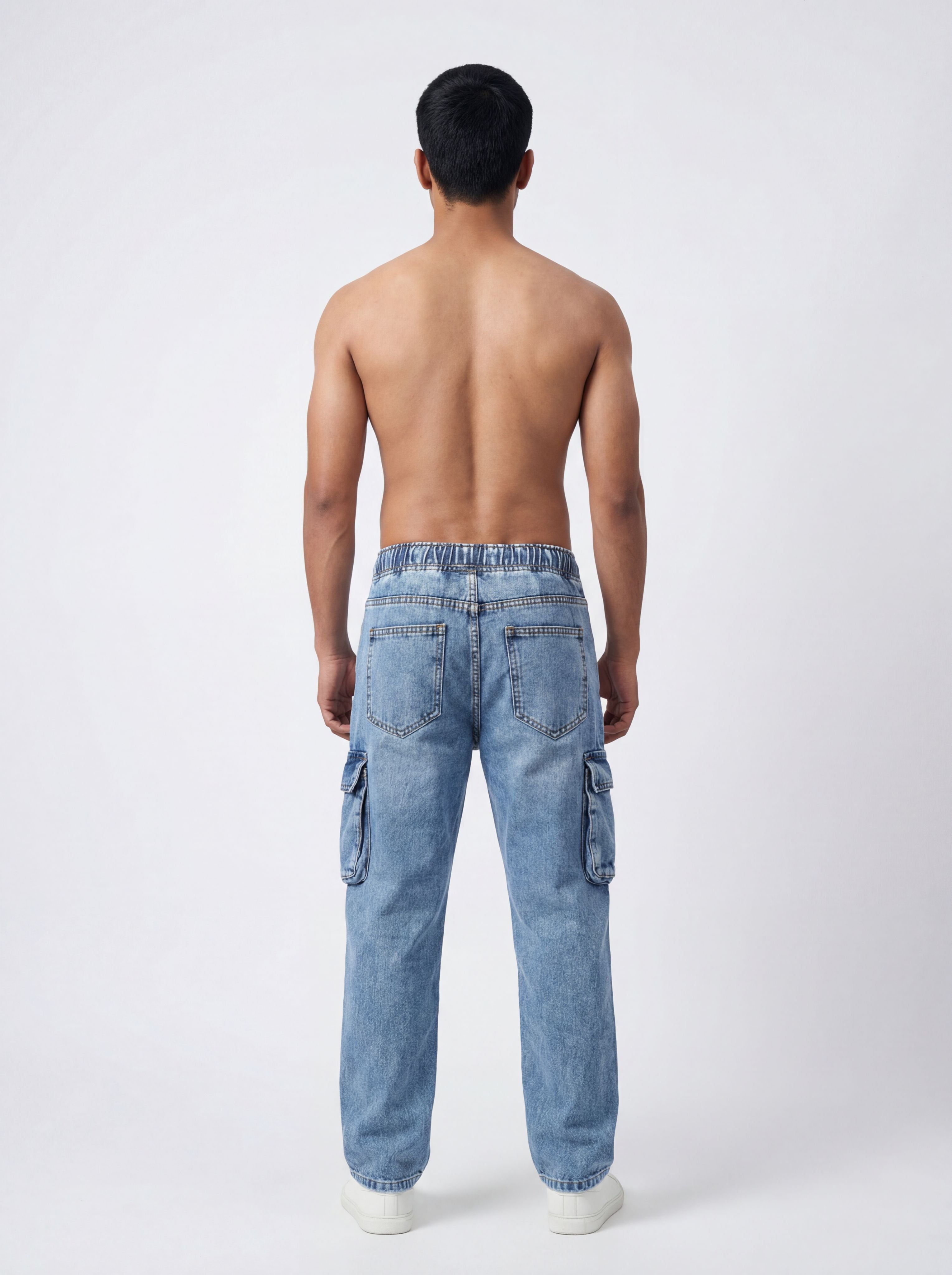 LIGHT BLUE ACID WASH CARGO DENIM JEANS PREMUIM