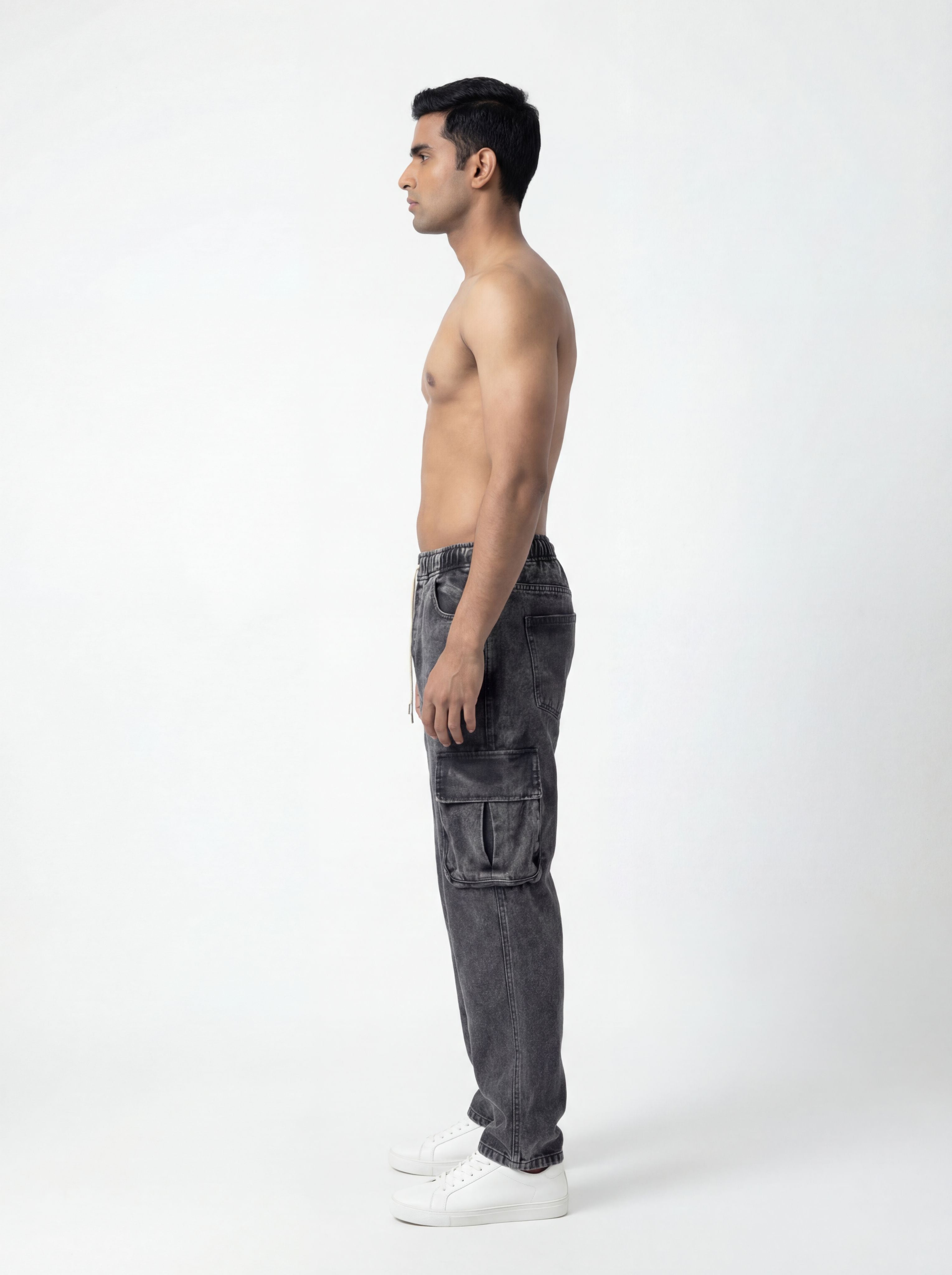 BLACK ACID WASH CARGO DENIM JEANS PREMUIM