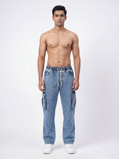 LIGHT BLUE ACID WASH CARGO DENIM JEANS PREMUIM