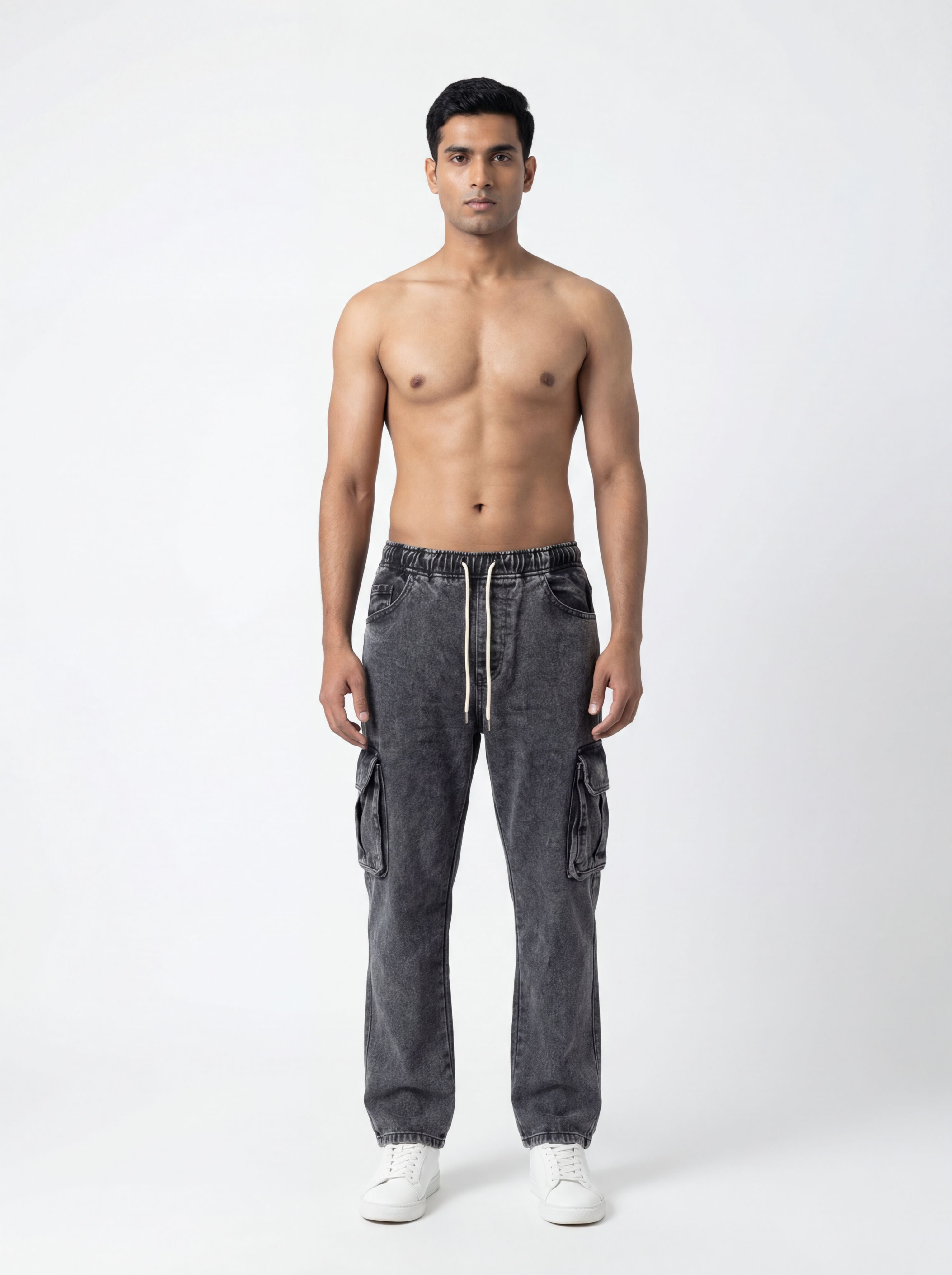 BLACK ACID WASH CARGO DENIM JEANS PREMUIM