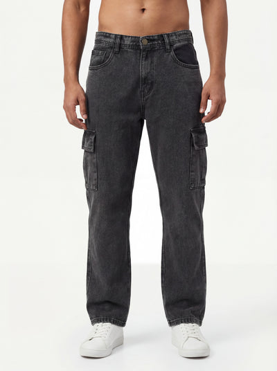 Black Acid Washed Cargo Jeans