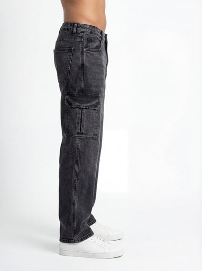 Black Acid Washed Cargo Jeans
