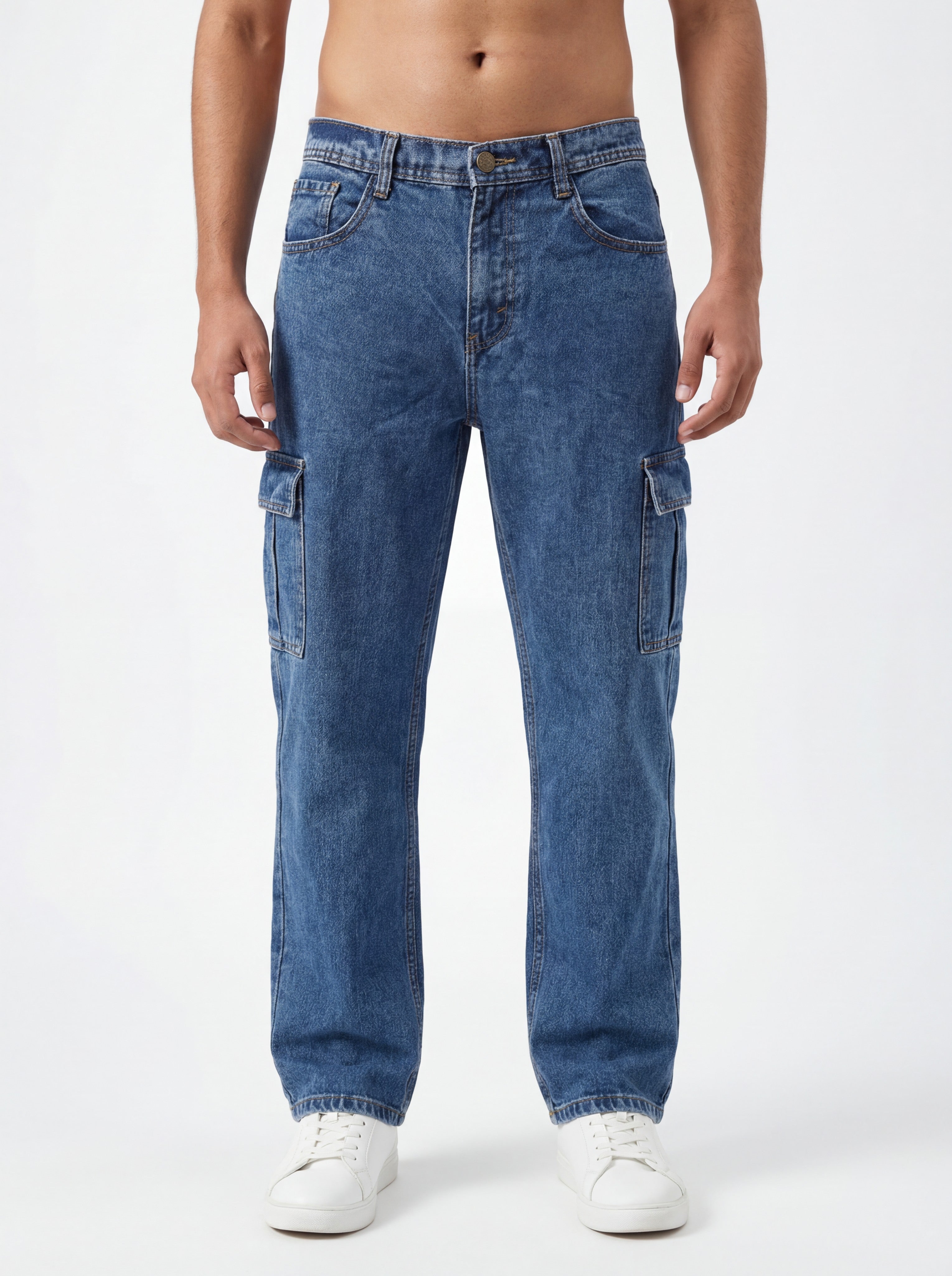 Blue Acid Washed Cargo Jeans