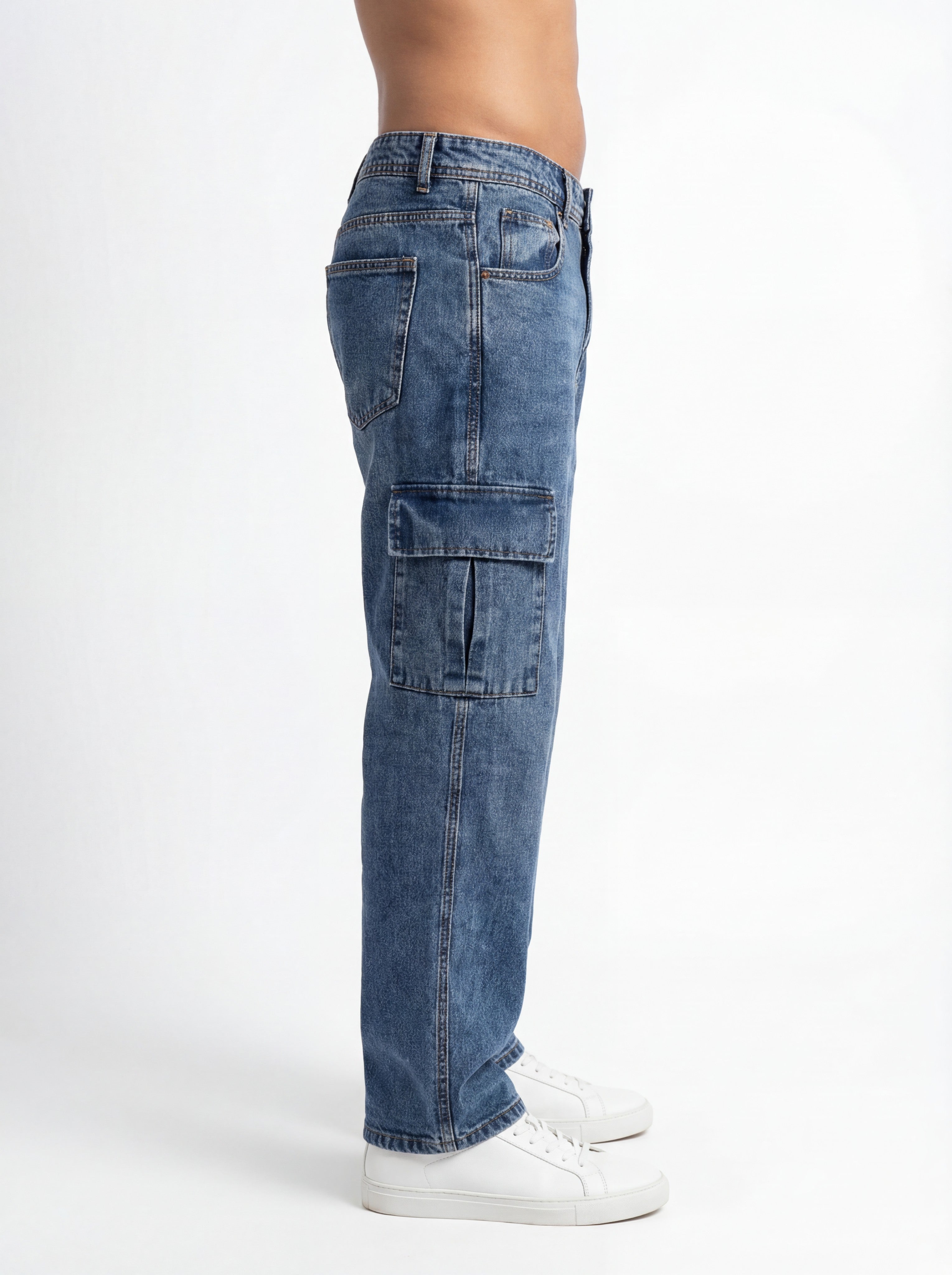 Blue Acid Washed Cargo Jeans