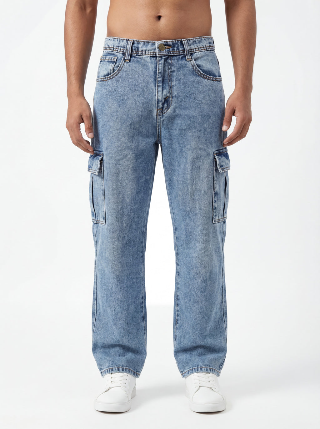 Light Blue Acid Washed Cargo Jeans