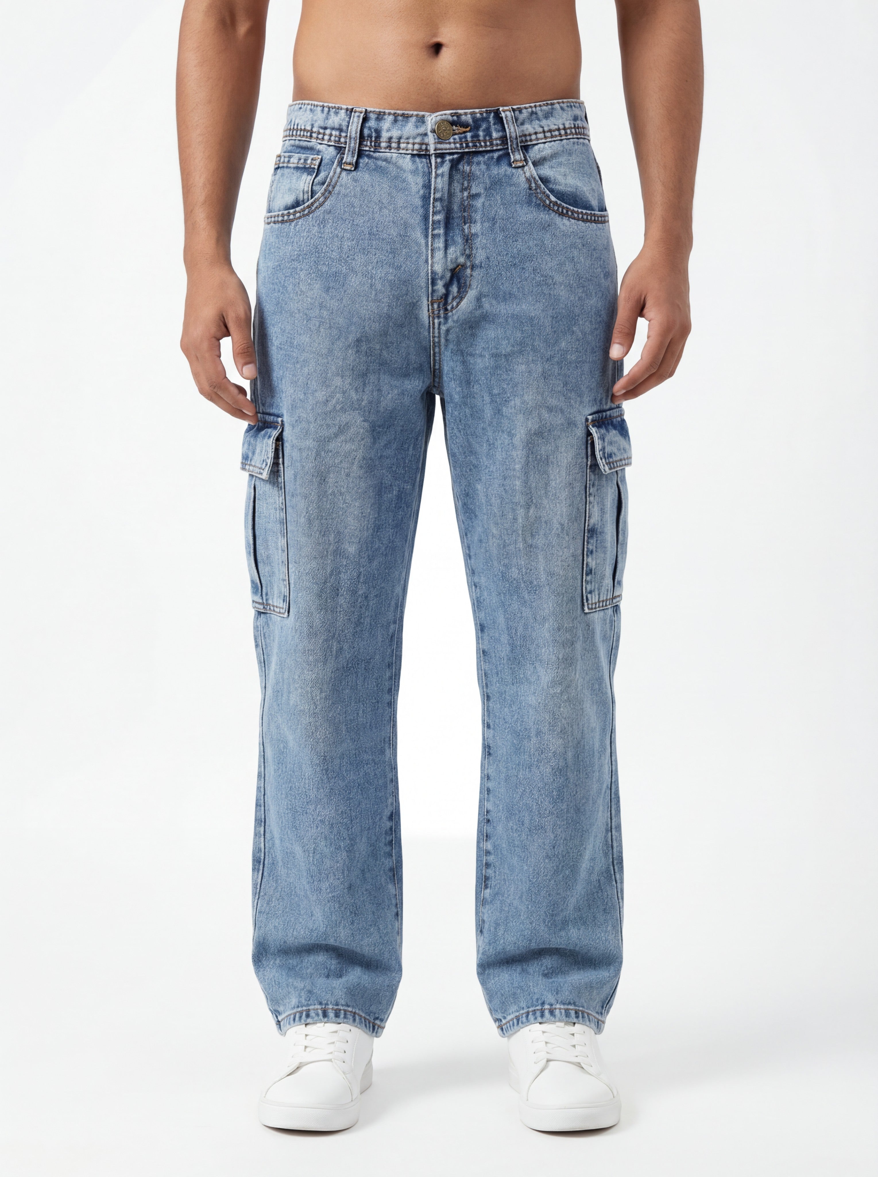 Light Blue Acid Washed Cargo Jeans