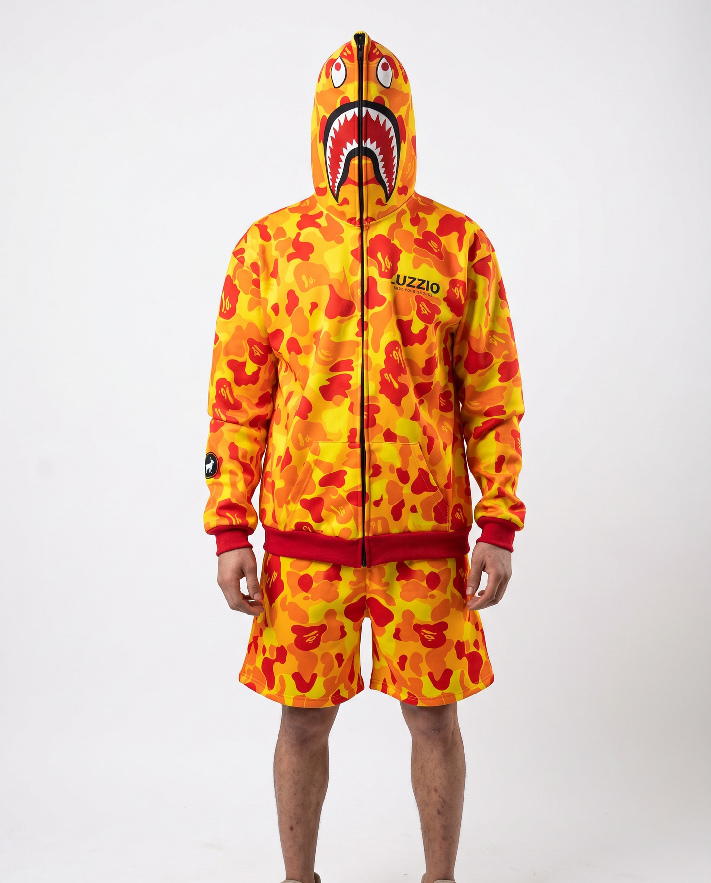 Yellow Camo Shark Hoodie & Shorts Set