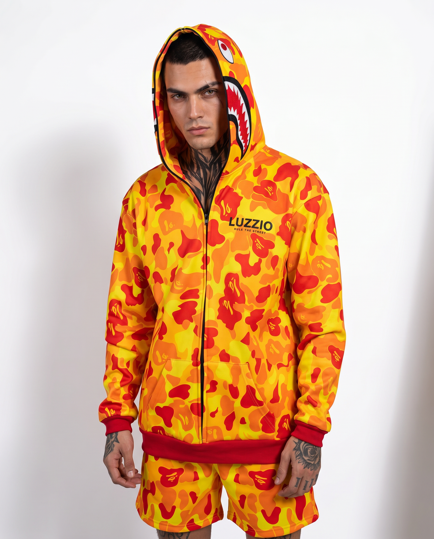 Yellow Camo Shark Hoodie & Shorts Set