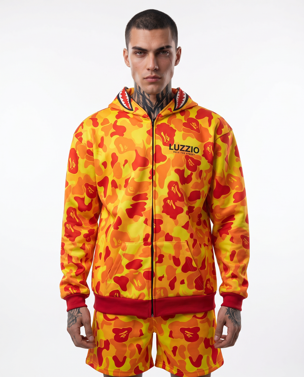 Yellow Camo Shark Hoodie & Shorts Set