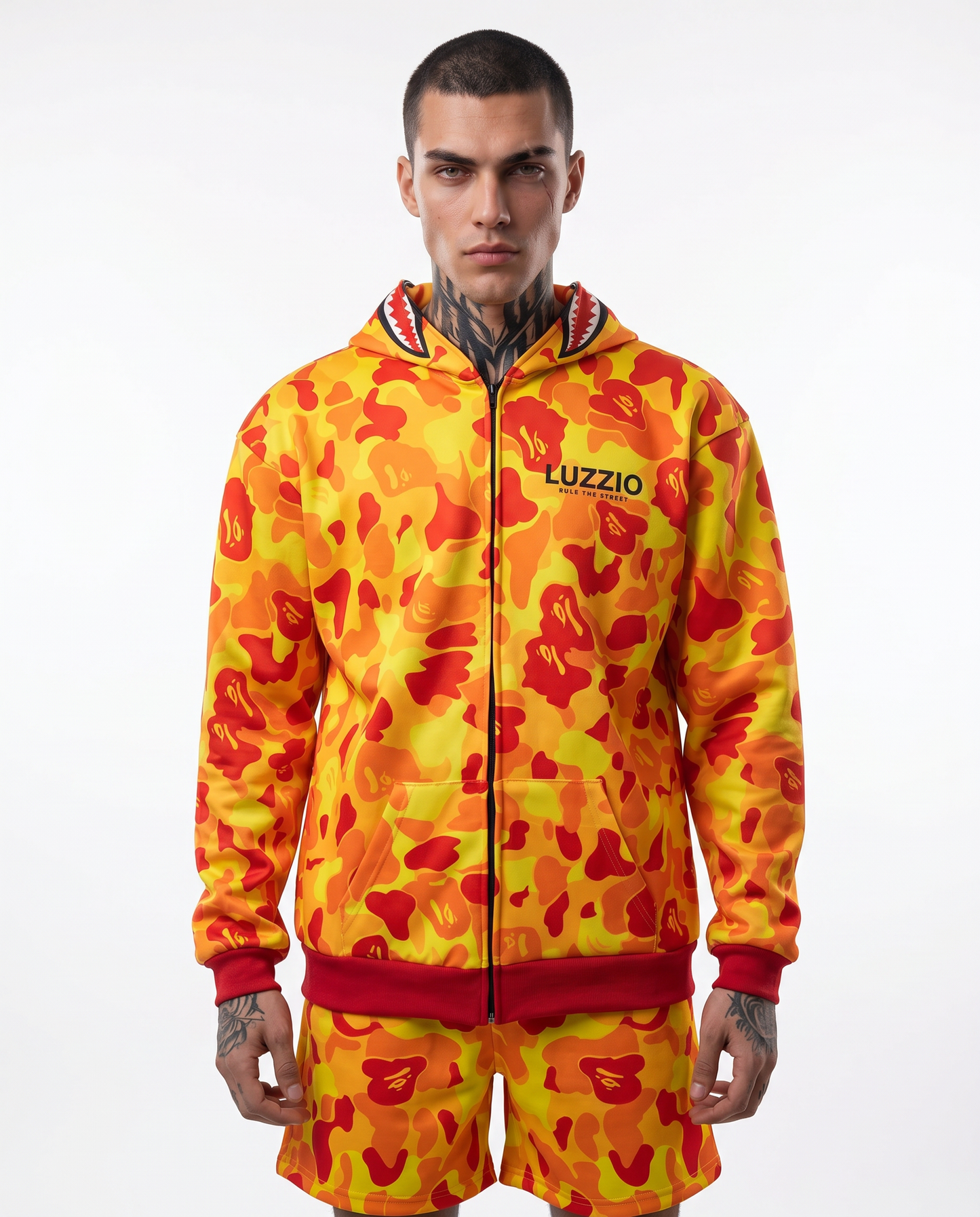 Yellow Camo Shark Hoodie & Shorts Set