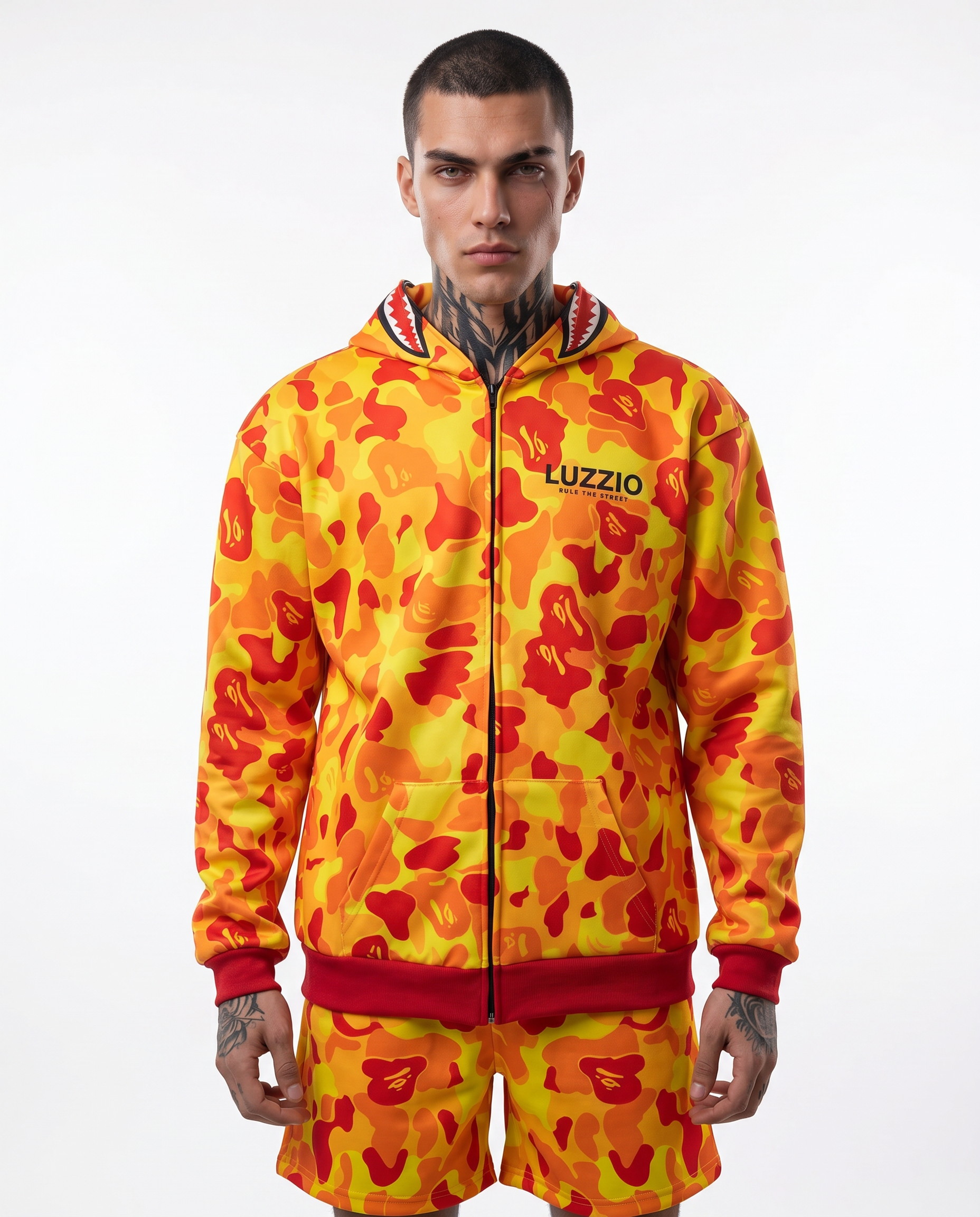 Yellow Camo Shark Hoodie & Shorts Set