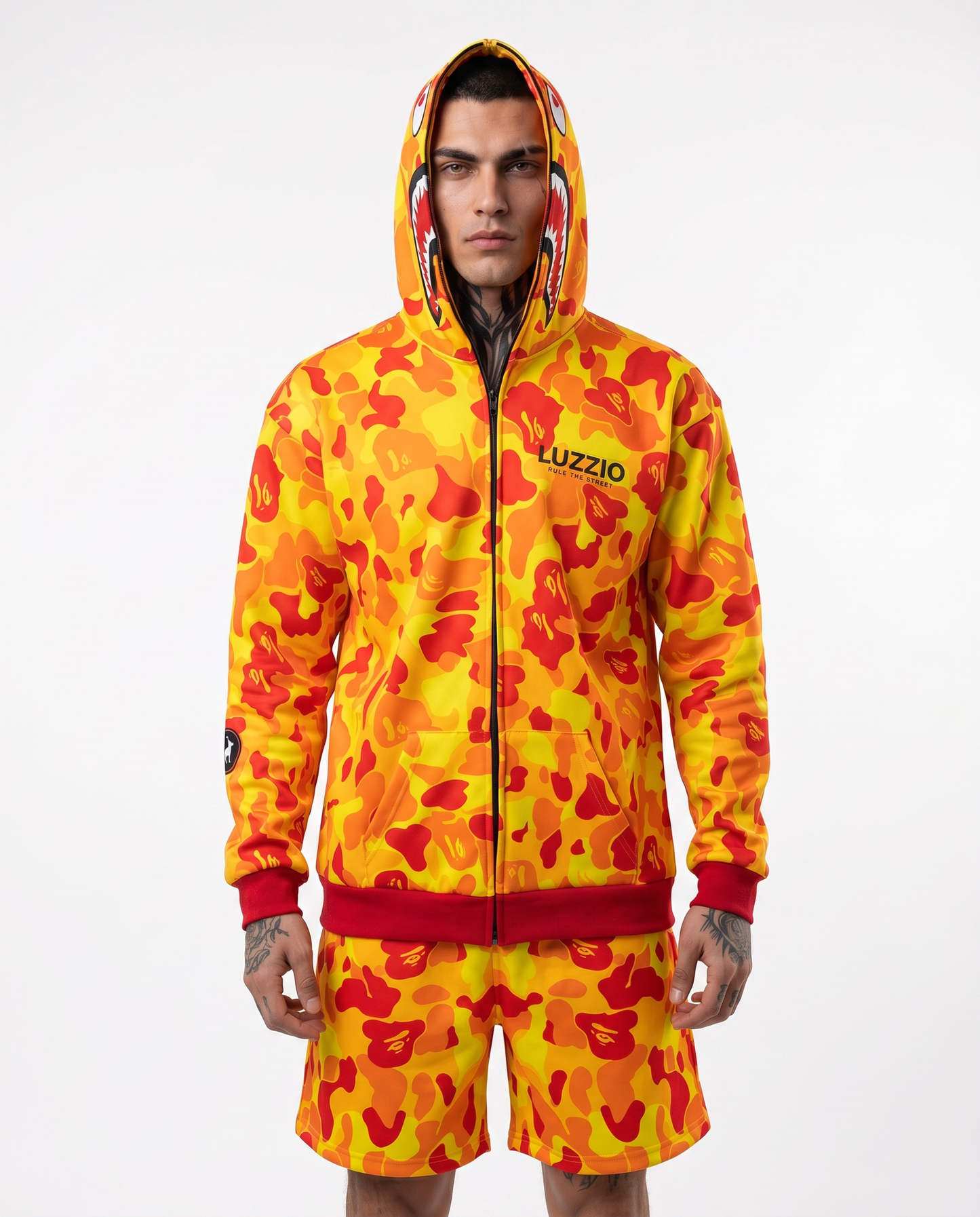 Yellow Camo Shark Hoodie & Shorts Set