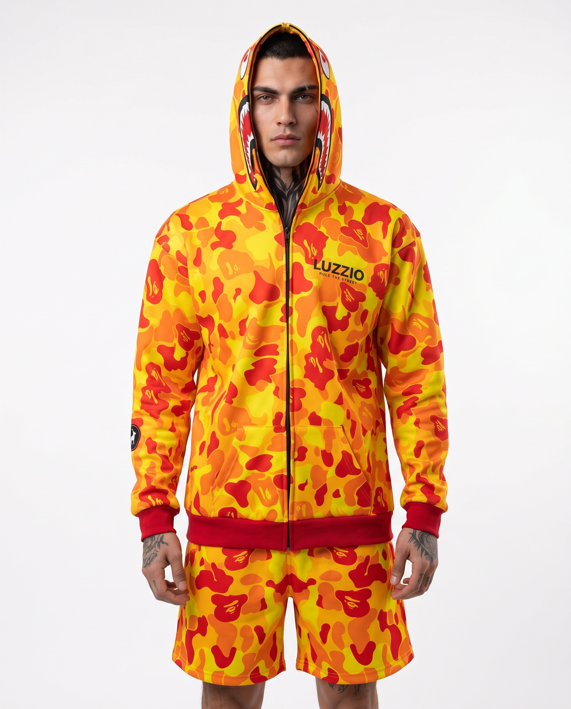 Yellow Camo Shark Hoodie & Shorts Set