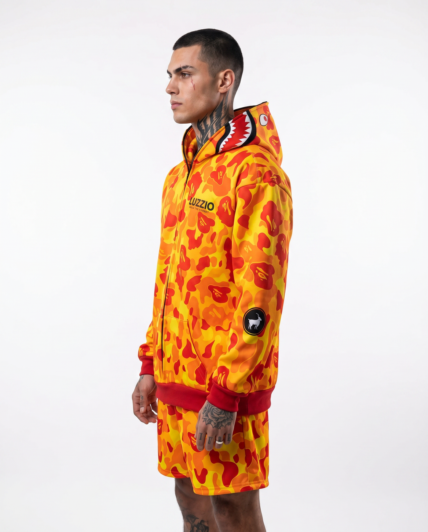 Yellow Camo Shark Hoodie & Shorts Set