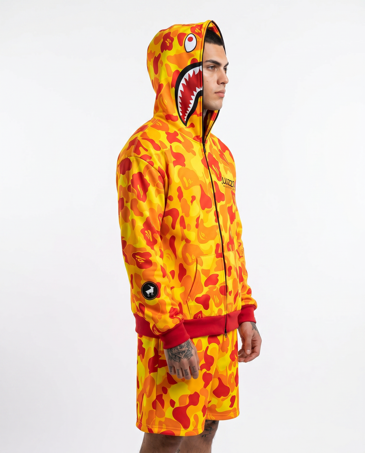 Yellow Camo Shark Hoodie & Shorts Set