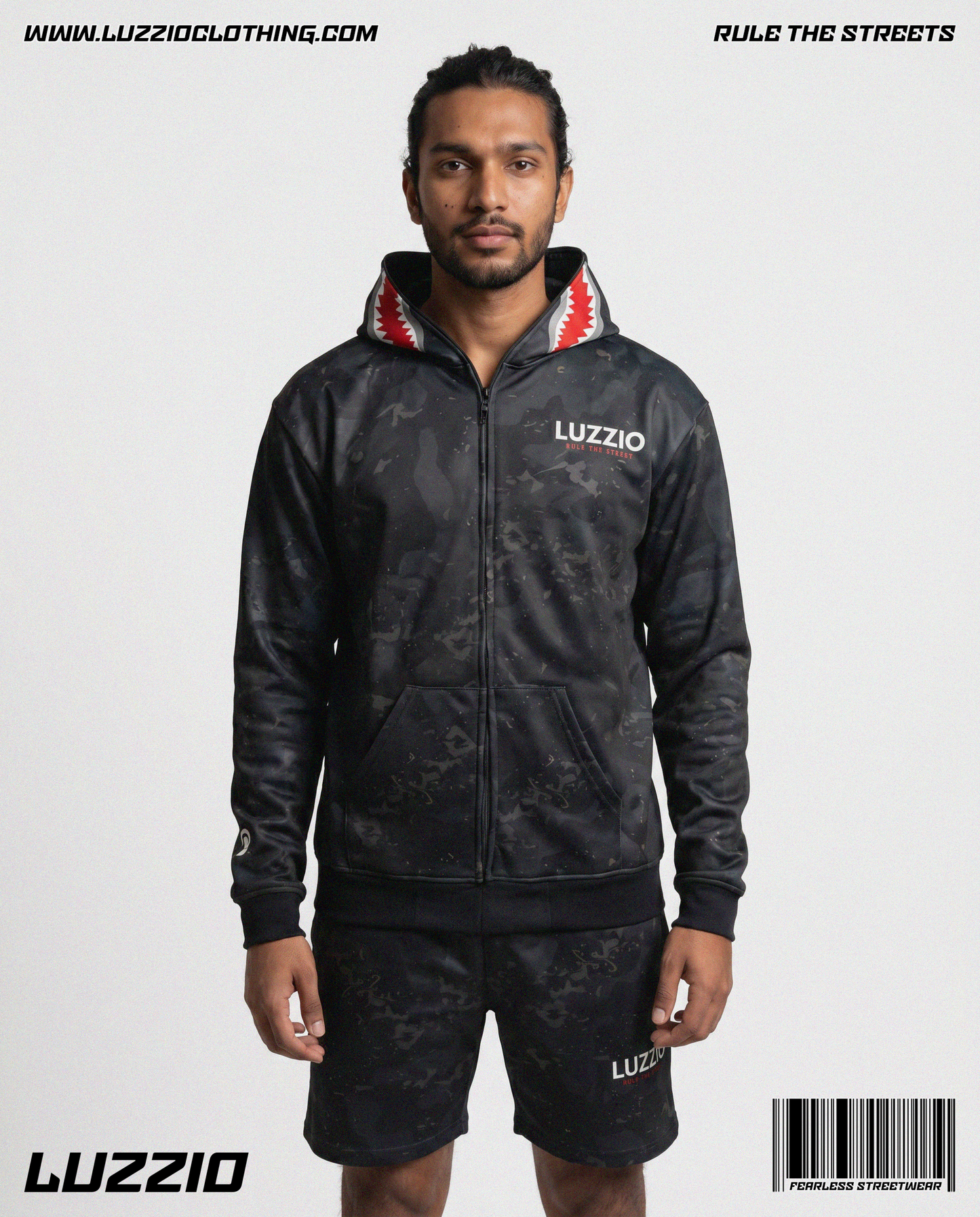 black Camo Shark Hoodie & Shorts Set