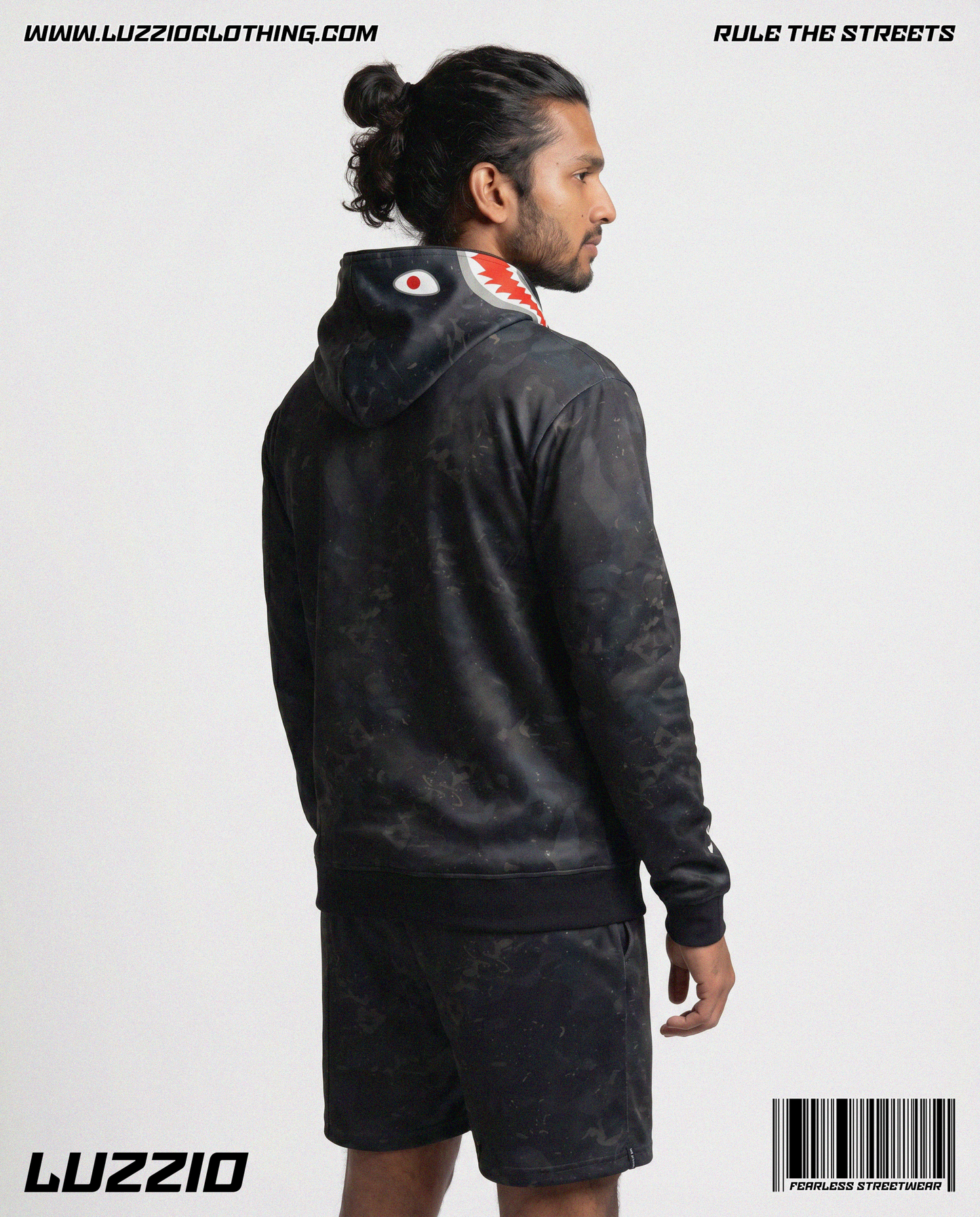 black Camo Shark Hoodie & Shorts Set