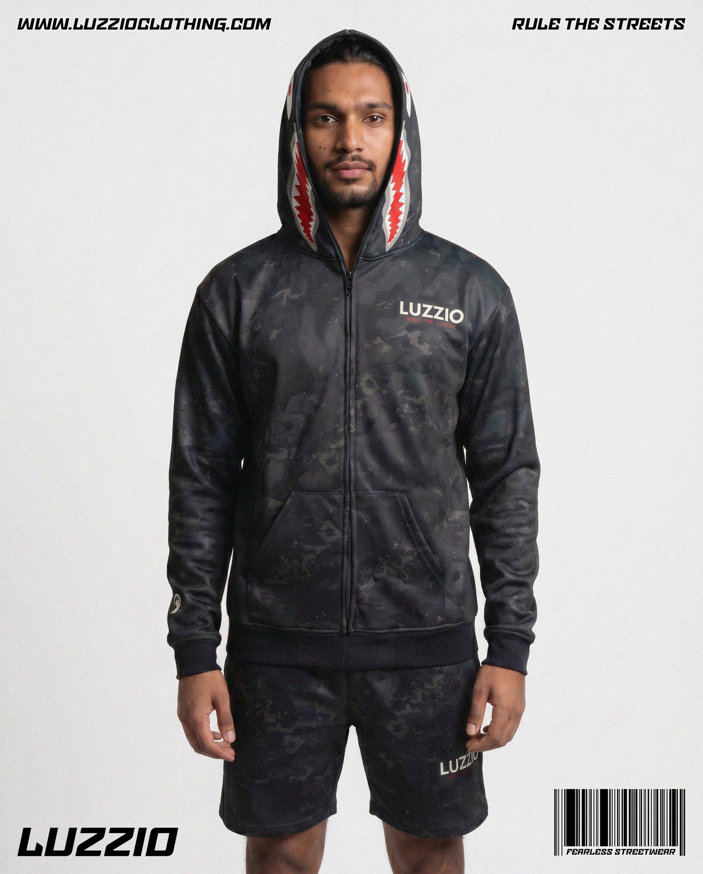 black Camo Shark Hoodie & Shorts Set