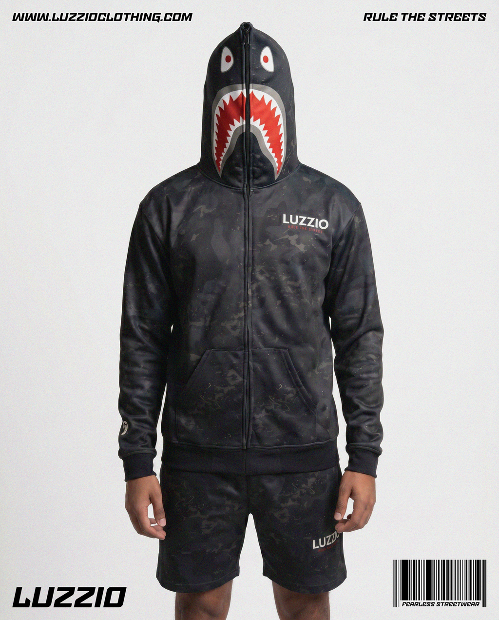 Black Camo Shark Hoodie & Shorts Set