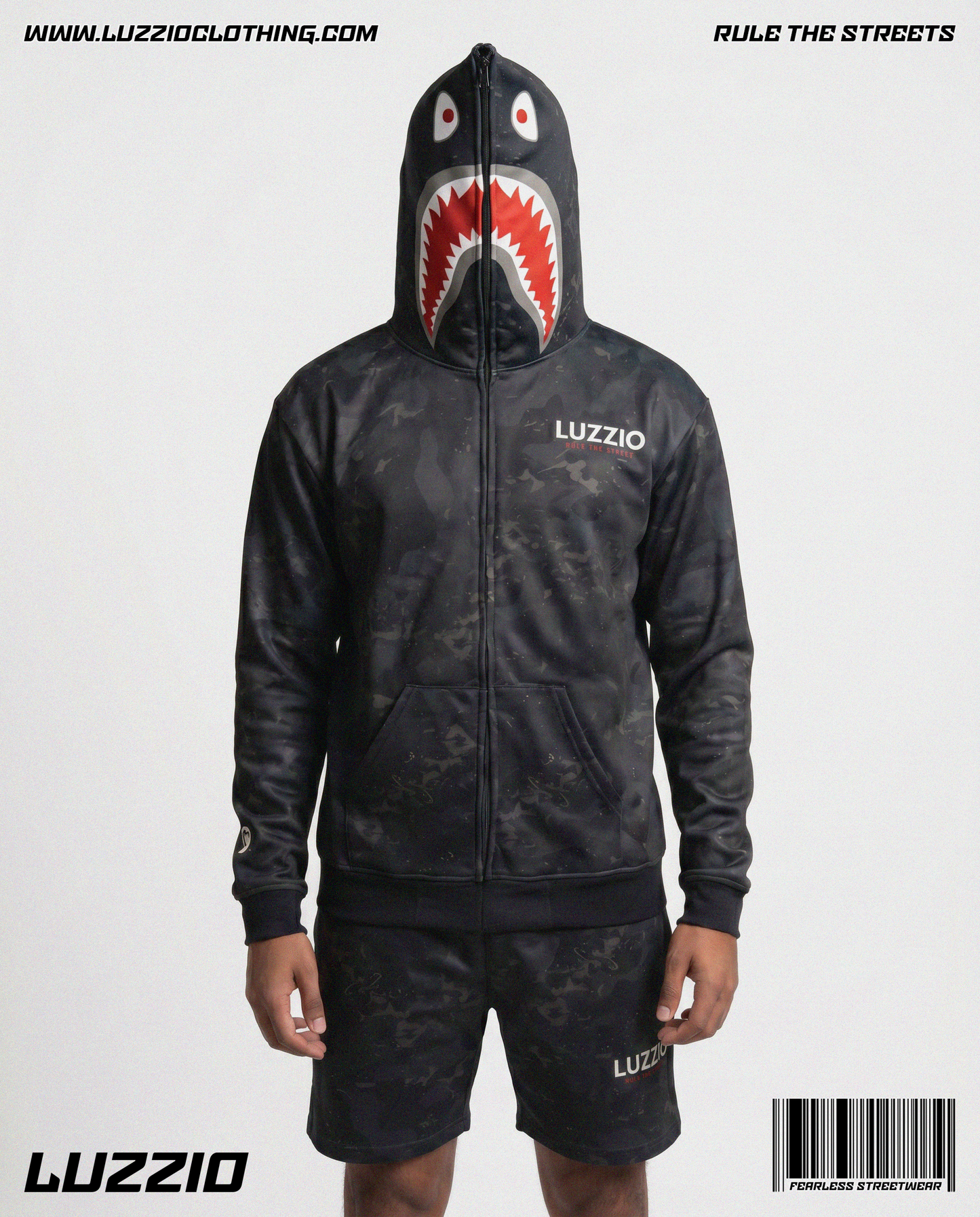black Camo Shark Hoodie & Shorts Set